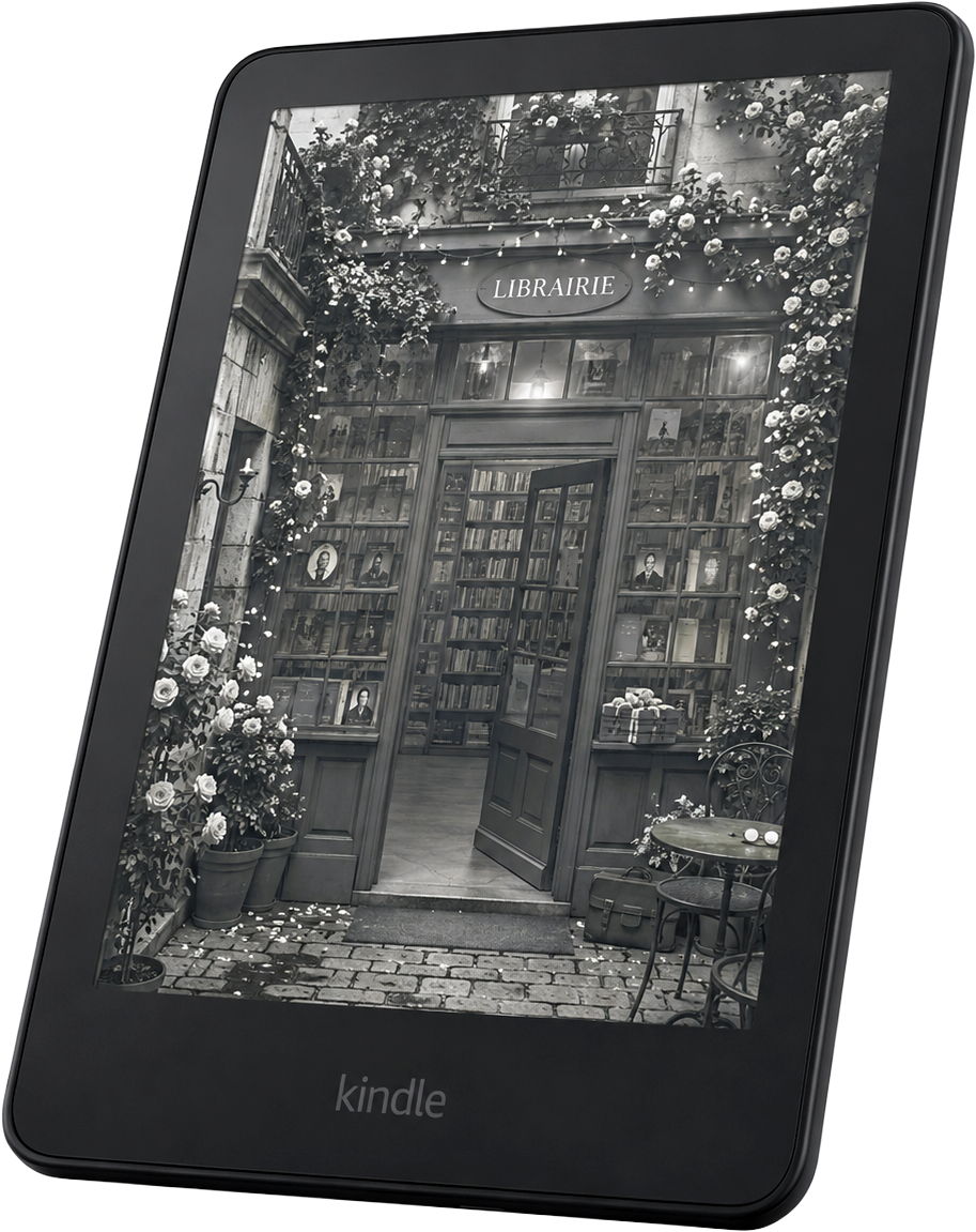 Kindle displaying a custom black and white bookstore lock screen