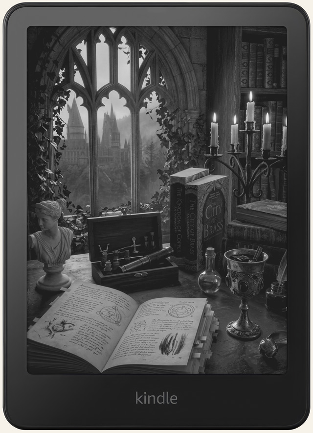 Kindle lock screen showing a candlelit study with a spellbook, potion bottle, and a castle through a gothic window