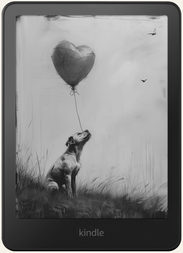 Kindle lock screen illustration of a dog looking up at a heart-shaped balloon