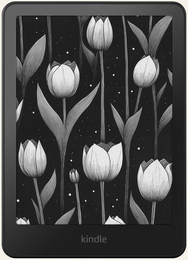Kindle lock screen with an illustrated tulip pattern on a black background